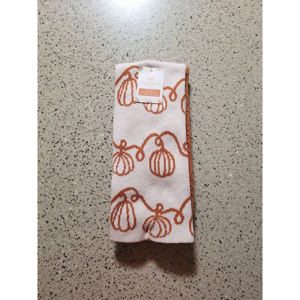 Rachel Ashwell The Farmhouse Set Of 3 Soft Kitchen Towels Pumpkin, Chunky Knit